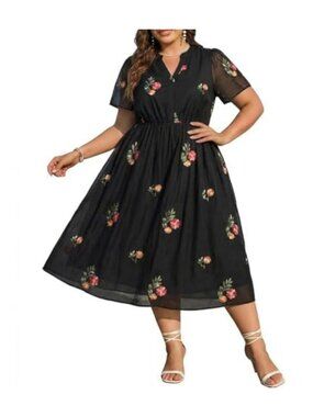 Plus Size Midi Dress V-Neck Puff Sleeve Flowy Semi-Formal Summer